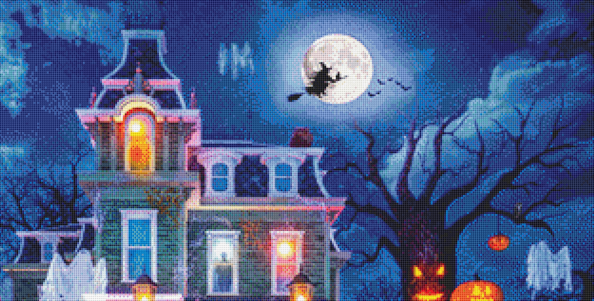 "Halloween House" (Max Color) cross stitch pattern by Dominic Davison, Licensed by MGL, www.mglart.com