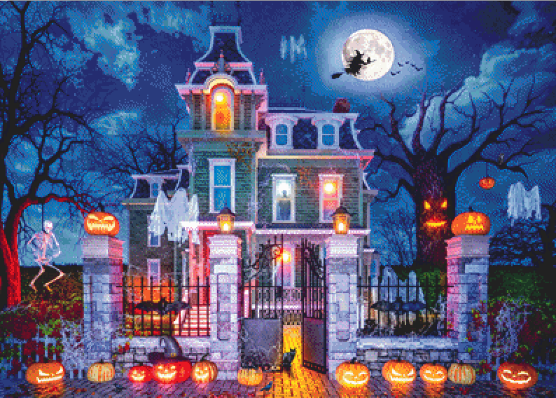 "Halloween House" (Max Color) cross stitch pattern by Dominic Davison, Licensed by MGL, www.mglart.com