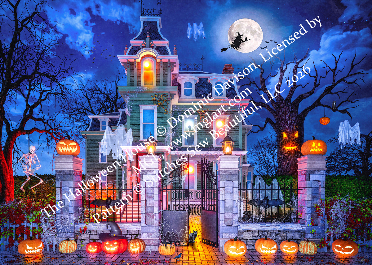 "Halloween House" cross stitch pattern by Dominic Davison, Licensed by MGL, www.mglart.com