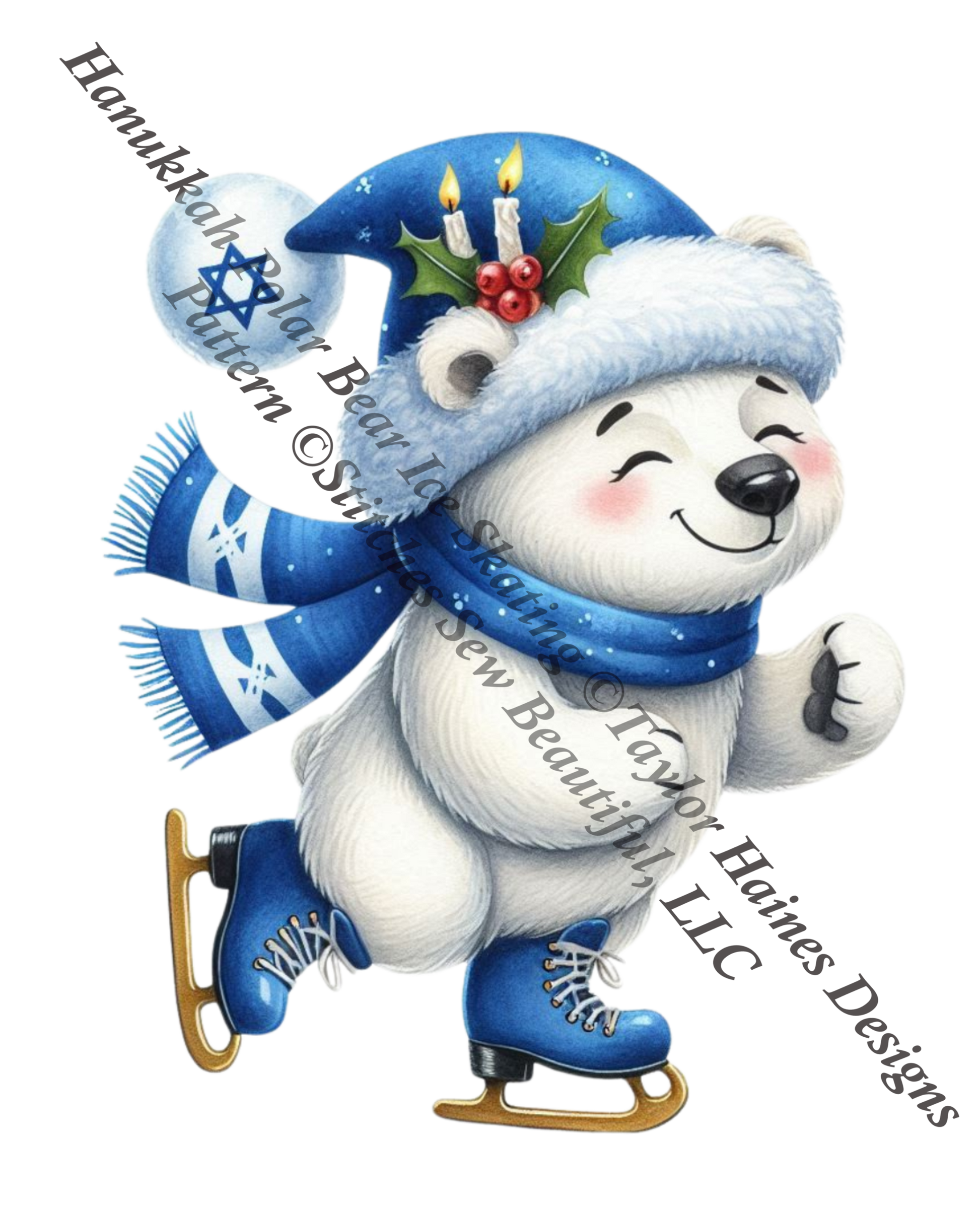 Hanukkah Polar Bear Ice Skating counted cross stitch pattern by Taylor Haines Designs