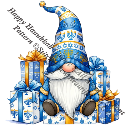 Happy Hanukkah Gnome counted cross stitch pattern by All About The Font