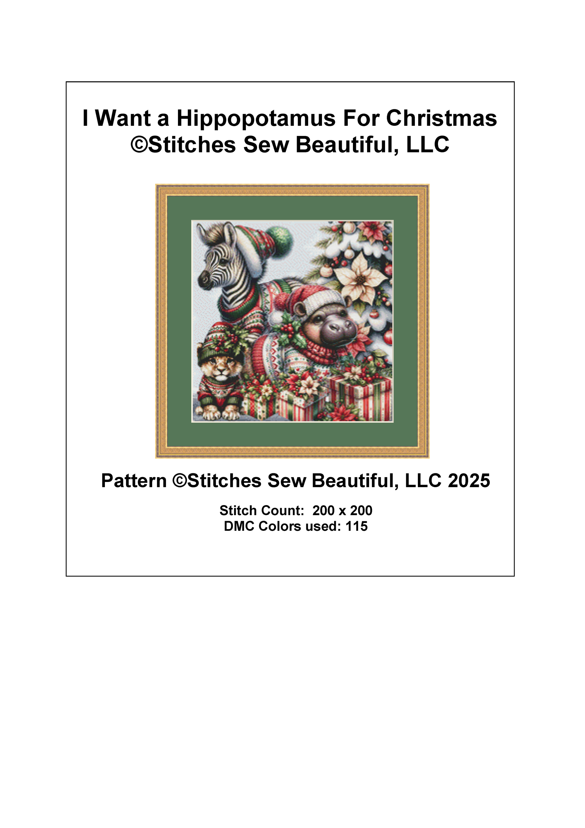 I Want a Hippopotamus For Christmas (Ornament) counted cross stitch pattern by Stitches Sew Beautiful, LLC