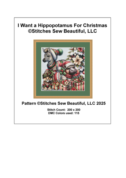 I Want a Hippopotamus For Christmas (Ornament) counted cross stitch pattern by Stitches Sew Beautiful, LLC