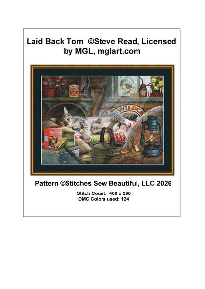 "Laid Back Tom" cross stitch pattern by Steve Read, Licensed by MGL, www.mglart.com