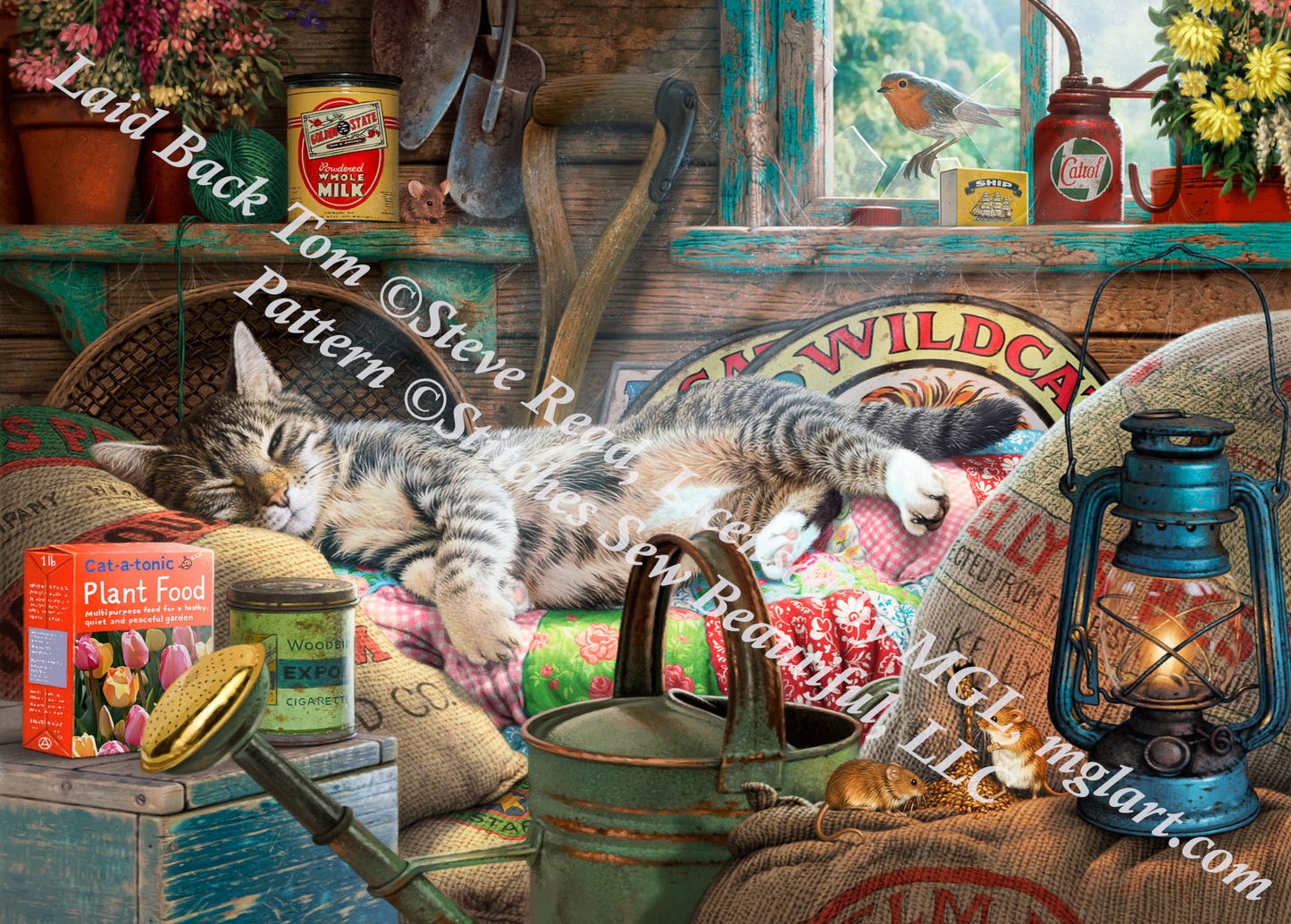 "Laid Back Tom" cross stitch pattern by Steve Read, Licensed by MGL, www.mglart.com