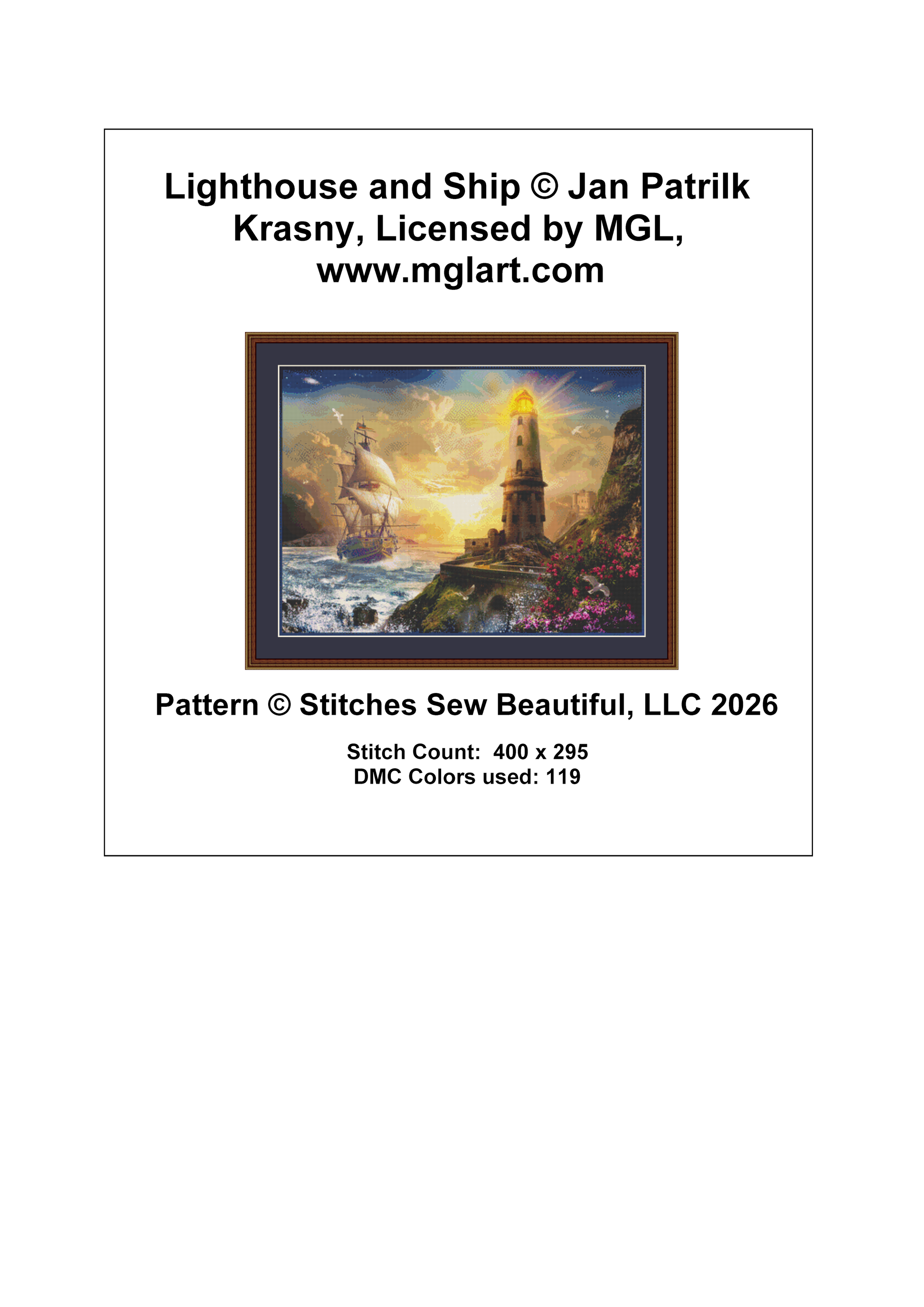 Lighthouse and Ship counted cross stitch pattern by Jan Patrik Krasny, Licensed by MGL, www.mglart.com
