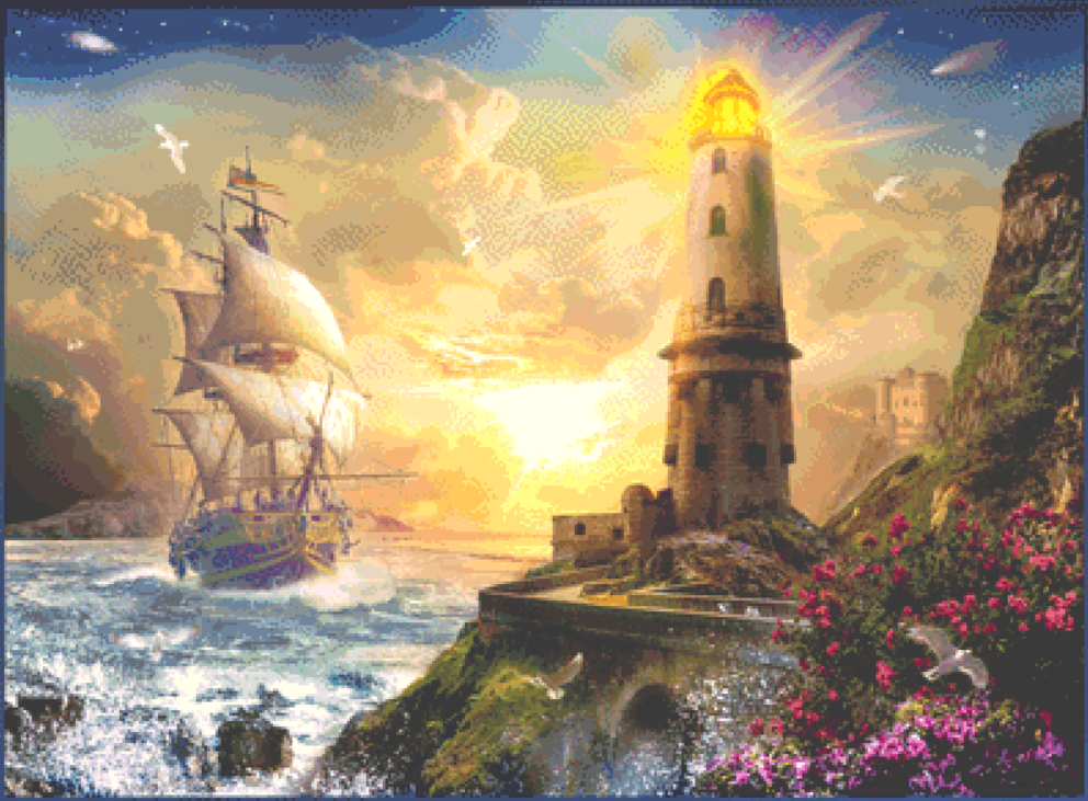 Lighthouse and Ship counted cross stitch pattern by Jan Patrik Krasny, Licensed by MGL, www.mglart.com