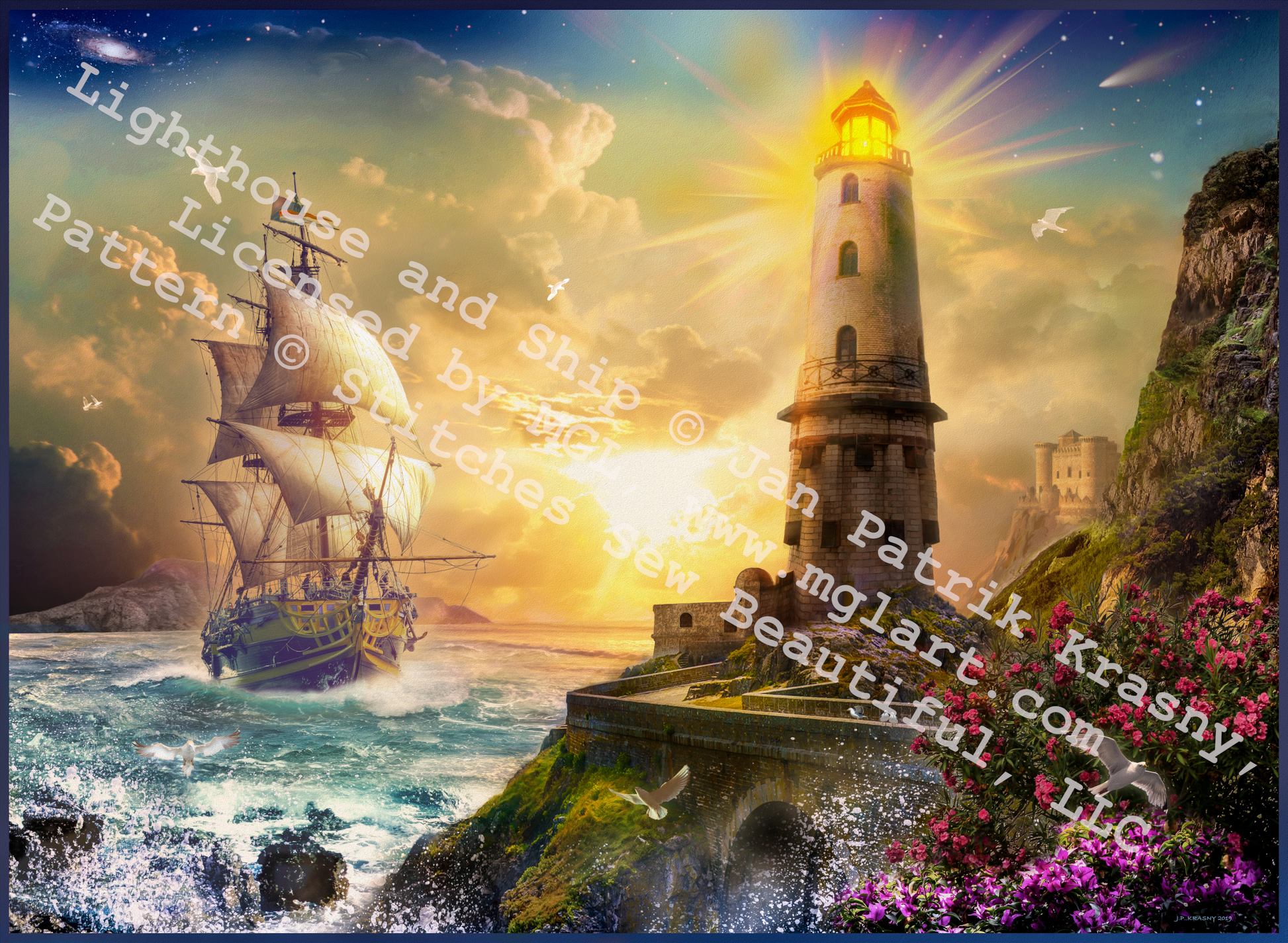 Lighthouse and Ship counted cross stitch pattern by Jan Patrik Krasny, Licensed by MGL, www.mglart.com