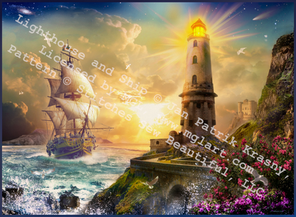 Lighthouse and Ship counted cross stitch pattern by Jan Patrik Krasny, Licensed by MGL, www.mglart.com