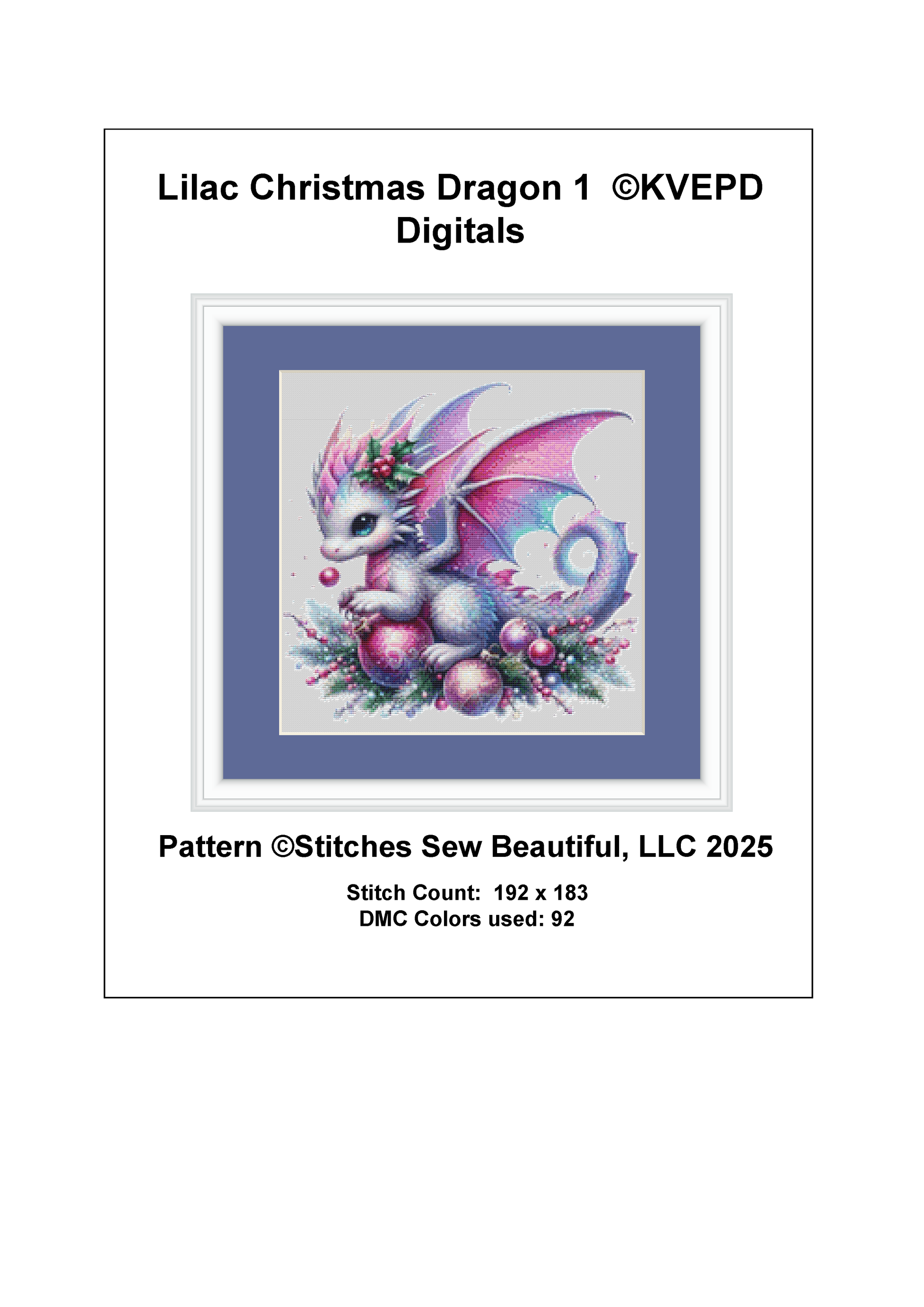 Lilac Christmas Dragon 1 (Ornament) counted cross stitch pattern by KVEPD Digitals