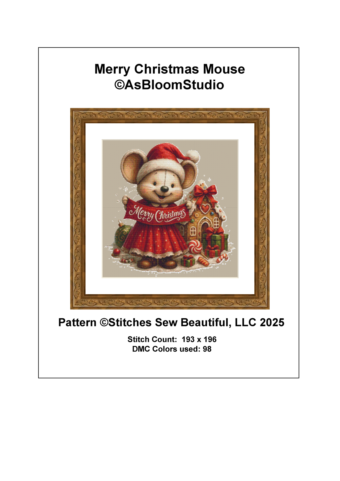 Merry Christmas Mouse (Ornament) counted cross stitch pattern by AsBloomStudio