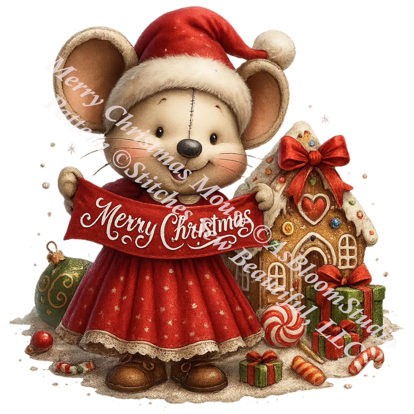 Merry Christmas Mouse (Ornament) counted cross stitch pattern by AsBloomStudio