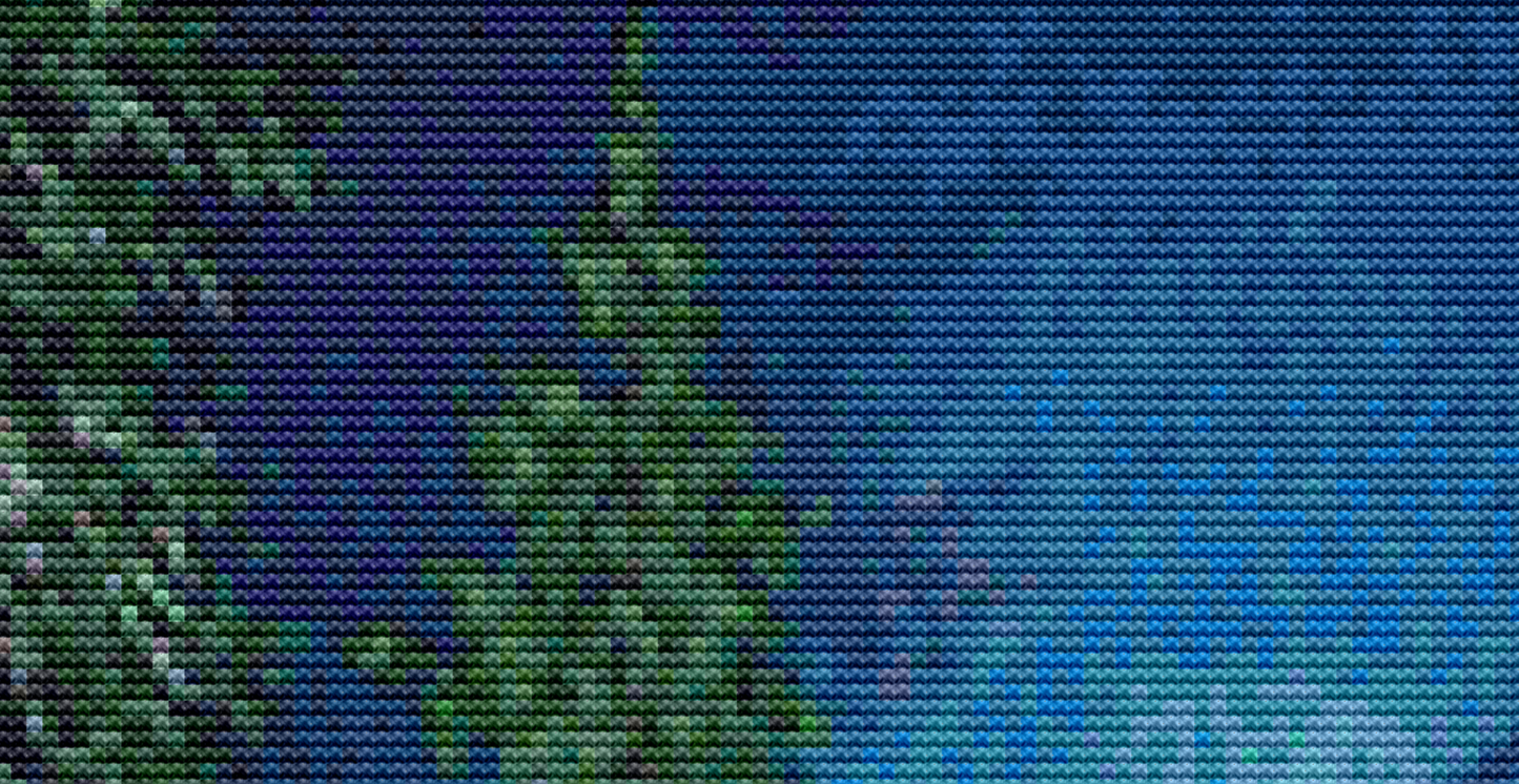 Moon Lake Cabin counted cross stitch pattern by Dominic Davison, Licensed by MGL, www.mglart.com