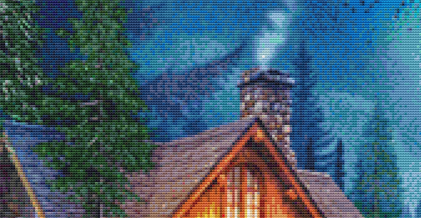 Moon Lake Cabin counted cross stitch pattern by Dominic Davison, Licensed by MGL, www.mglart.com