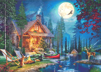 Moon Lake Cabin counted cross stitch pattern by Dominic Davison, Licensed by MGL, www.mglart.com