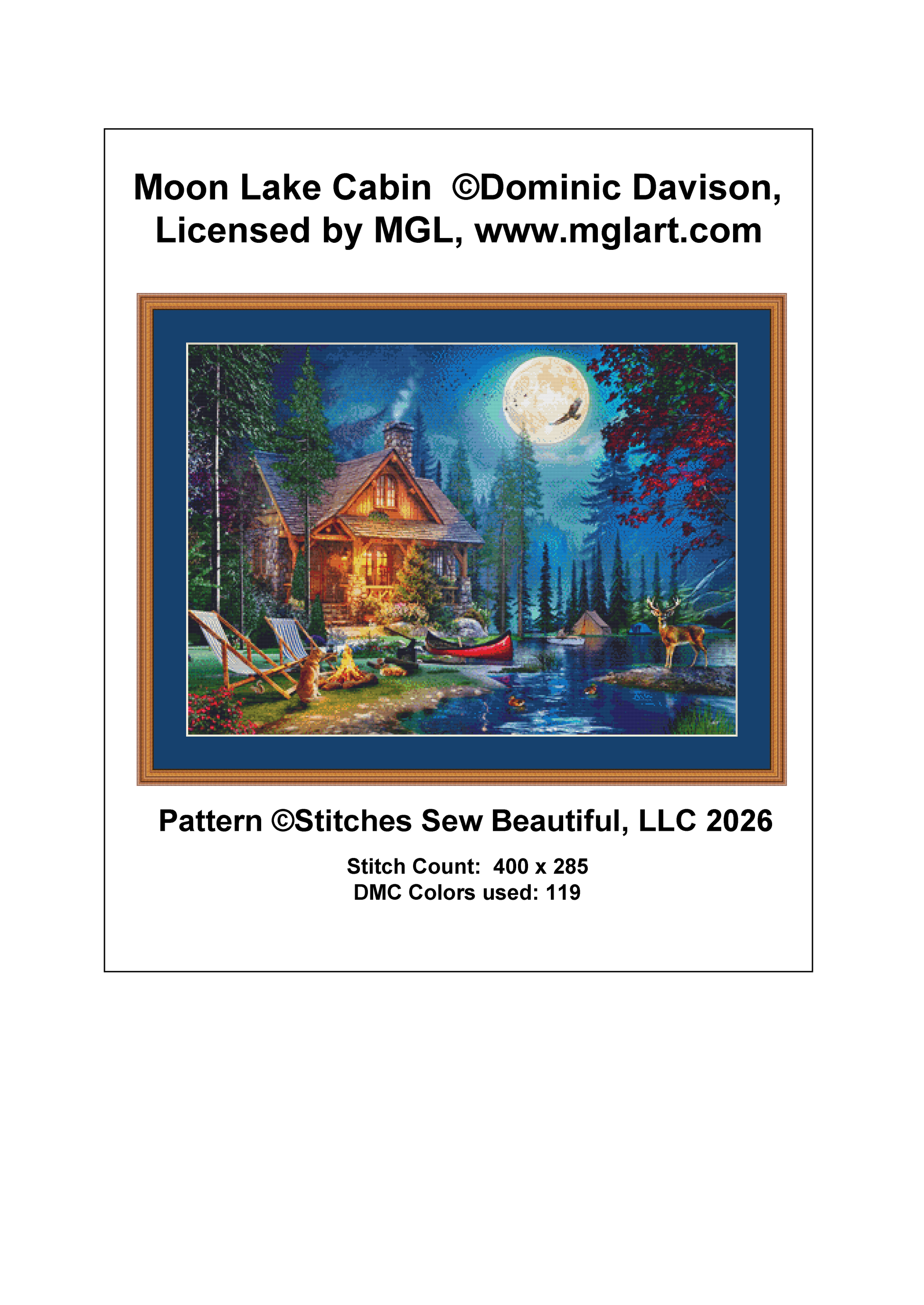 Moon Lake Cabin counted cross stitch pattern by Dominic Davison, Licensed by MGL, www.mglart.com