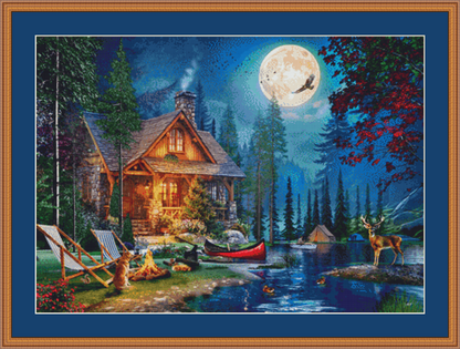 Moon Lake Cabin counted cross stitch pattern by Dominic Davison, Licensed by MGL, www.mglart.com
