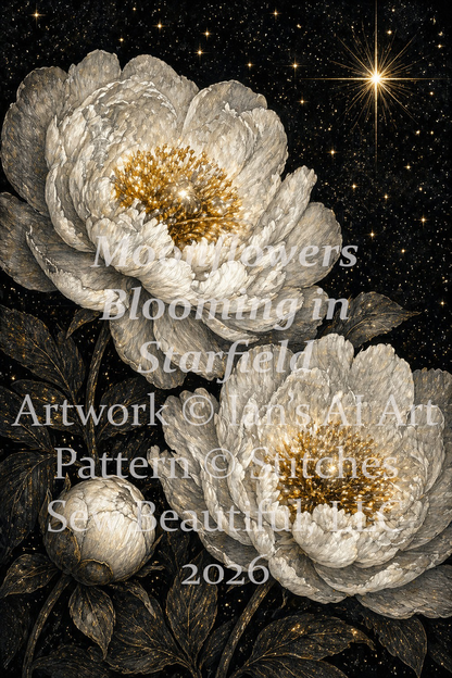 Moonflowers Blooming in Starfied cross stitch pattern by Ian's AI Art