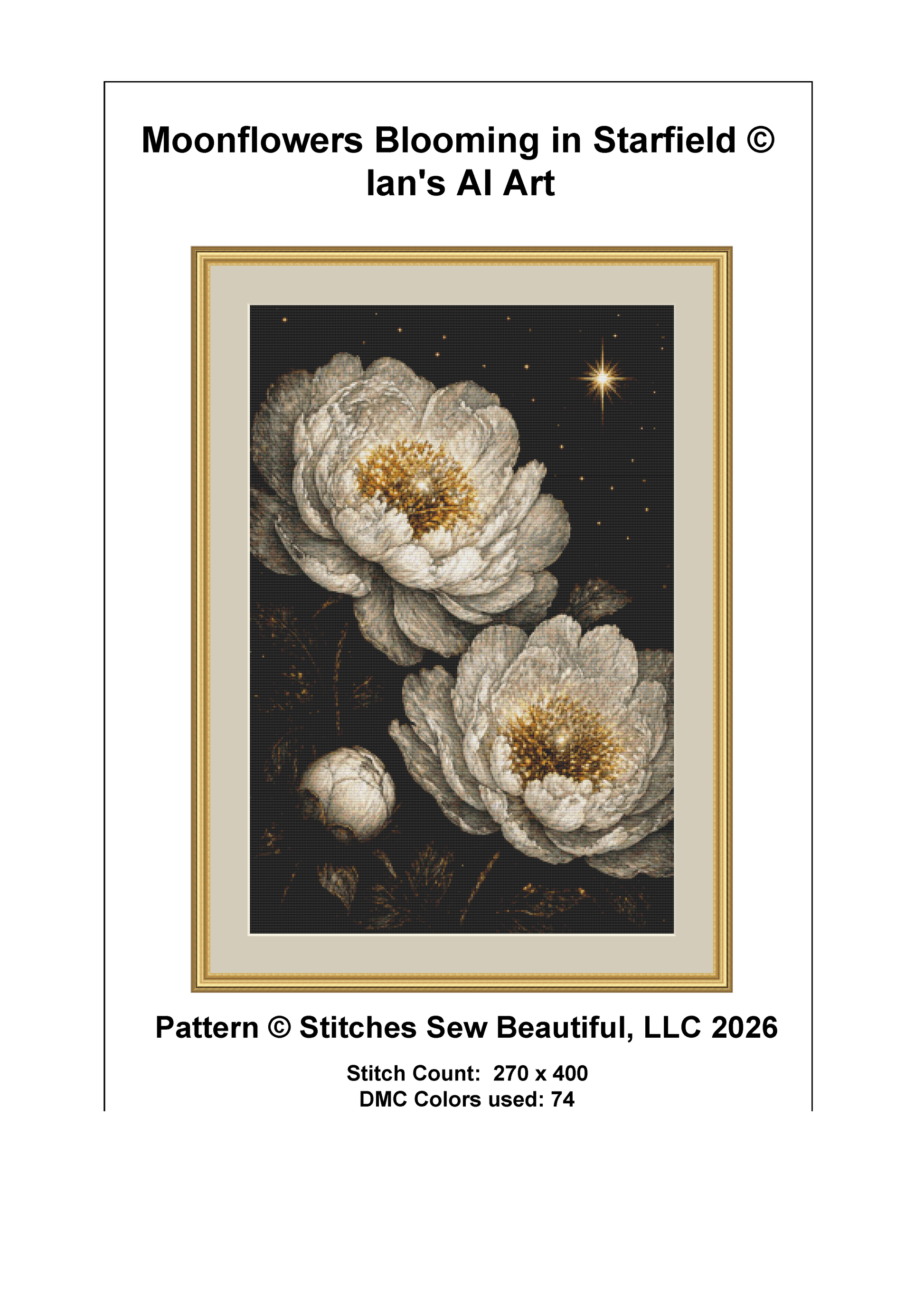 Moonflowers Blooming in Starfied cross stitch pattern by Ian's AI Art