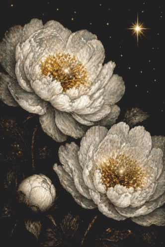 Moonflowers Blooming in Starfied cross stitch pattern by Ian's AI Art