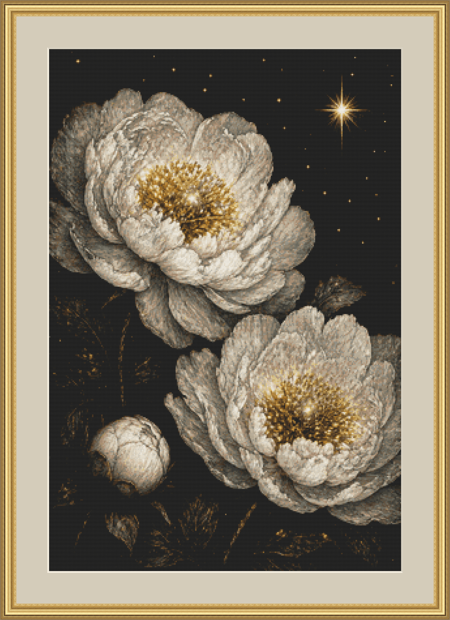 Moonflowers Blooming in Starfied cross stitch pattern by Ian's AI Art