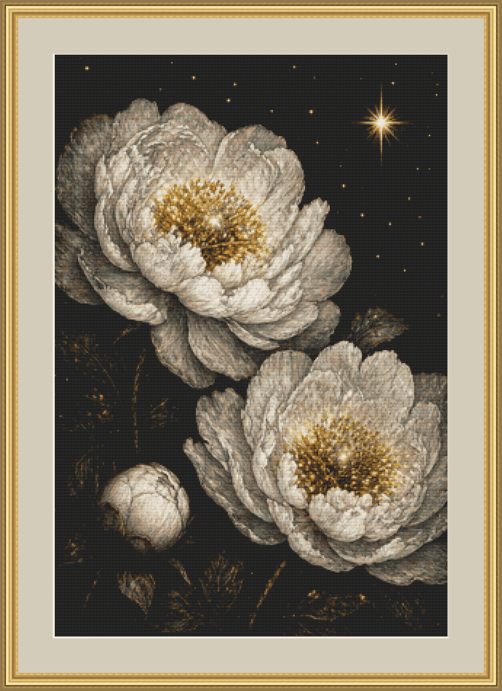 Moonflowers Blooming in Starfied cross stitch pattern by Ian's AI Art