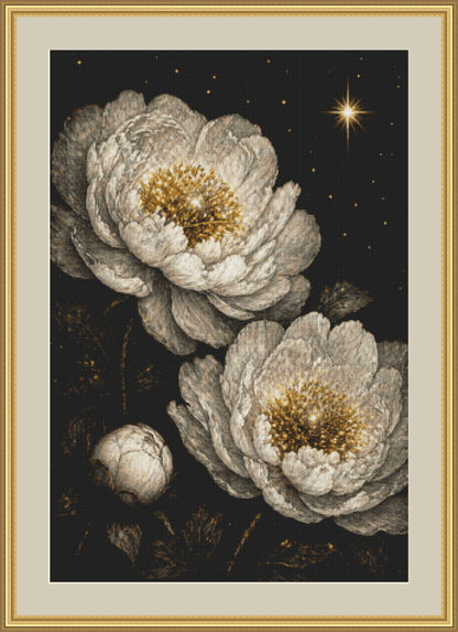 Moonflowers Blooming in Starfied cross stitch pattern by Ian's AI Art