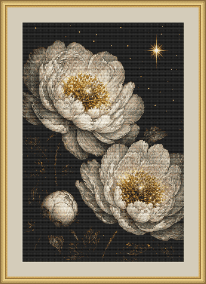 Moonflowers Blooming in Starfied cross stitch pattern by Ian's AI Art