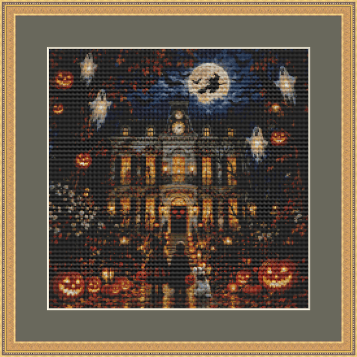 "Moonlit Halloween Mansion" (Small) cross stitch pattern by Pudini Creatives. Edited by Stitches Sew Beautiful.