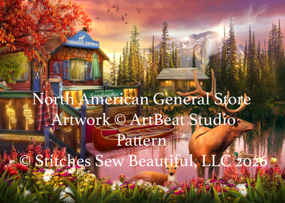 "North American General Store" cross stitch pattern by ArtBeat Studio, Licensed by MGL, www.mglart.com