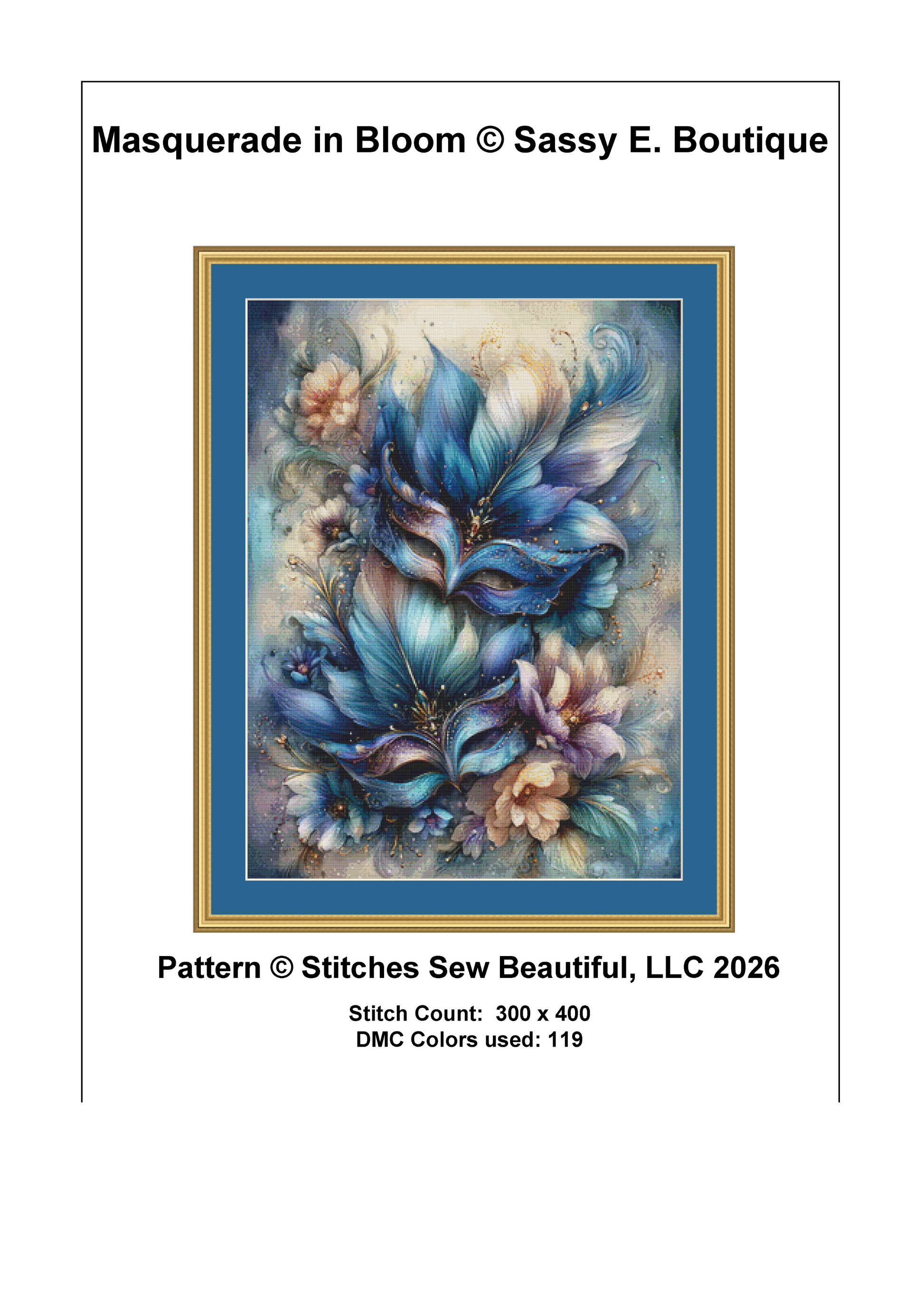 Masquerade in Bloom cross stitch pattern by Sassy E. Boutique