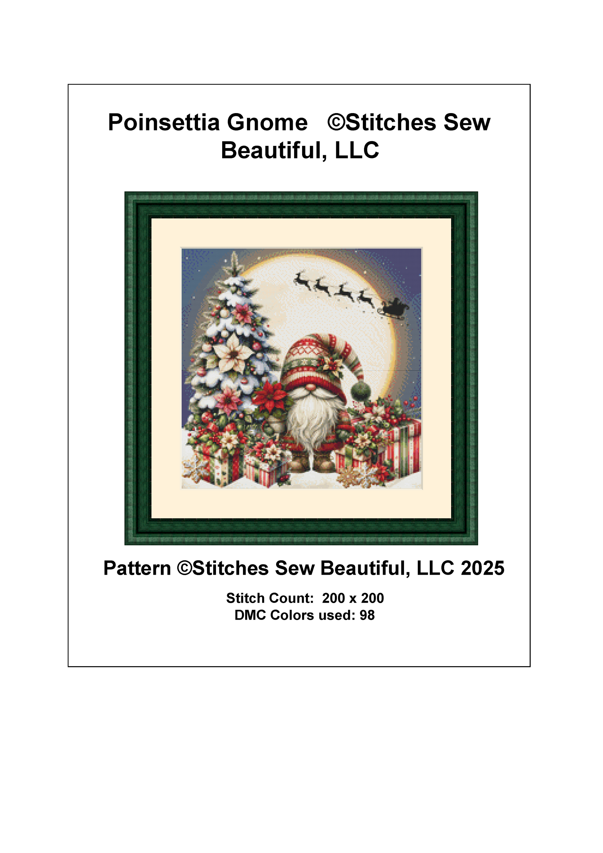 Poinsettia Gnome (Ornament) counted cross stitch pattern by Stitches Sew Beautiful, LLC