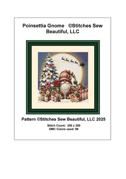Poinsettia Gnome (Ornament) counted cross stitch pattern by Stitches Sew Beautiful, LLC