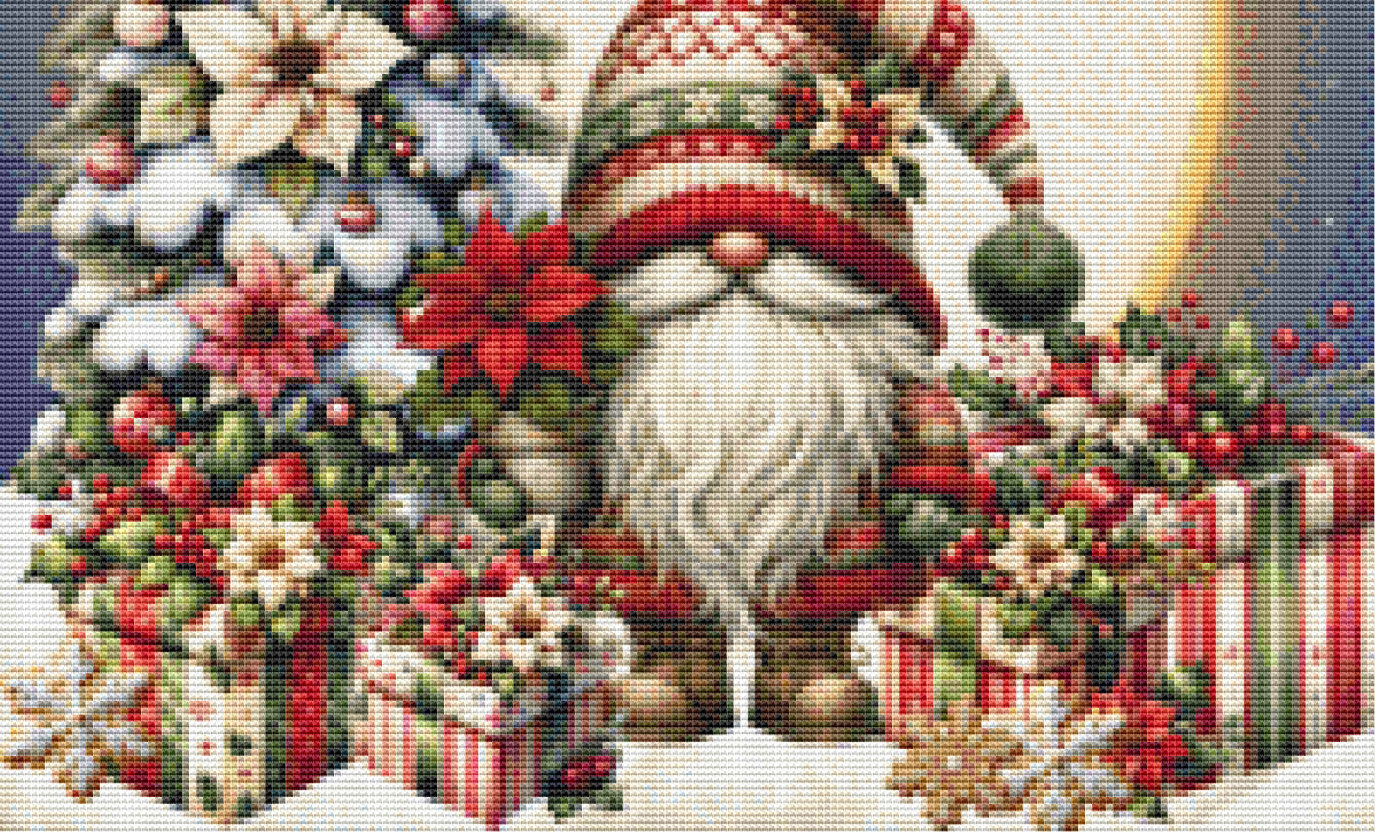 Poinsettia Gnome (Ornament) counted cross stitch pattern by Stitches Sew Beautiful, LLC