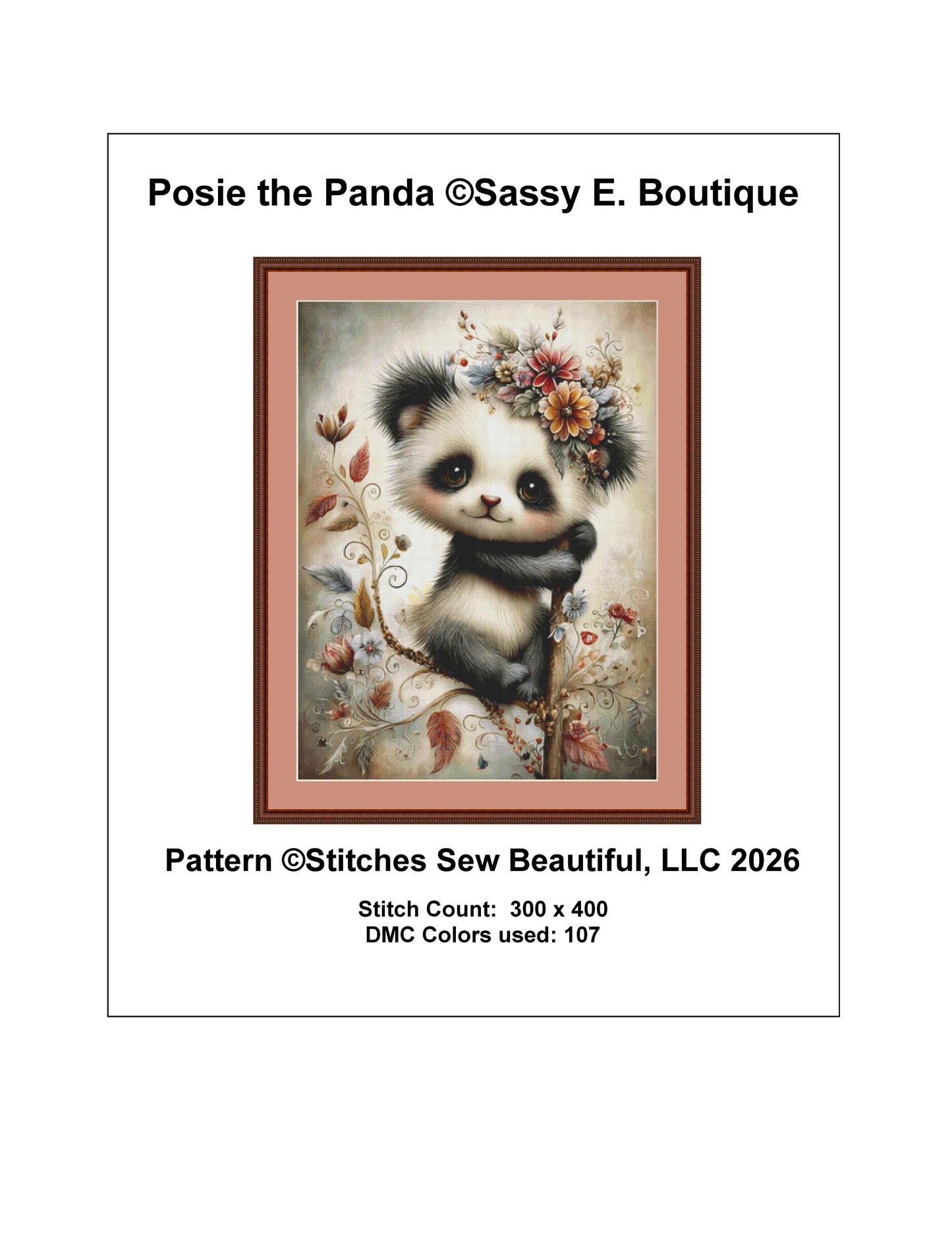 Posie the Panda cross stitch pattern by Sassy E. Boutique