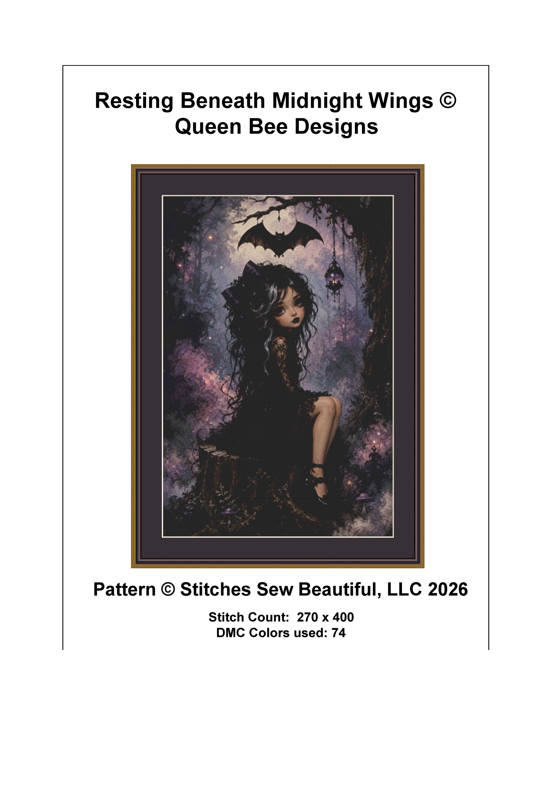 "Resting Beneath Midnight Wings" cross stitch pattern by Queen Bee Designs