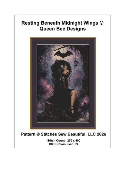 "Resting Beneath Midnight Wings" cross stitch pattern by Queen Bee Designs