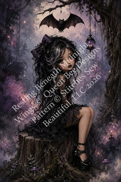 "Resting Beneath Midnight Wings" cross stitch pattern by Queen Bee Designs