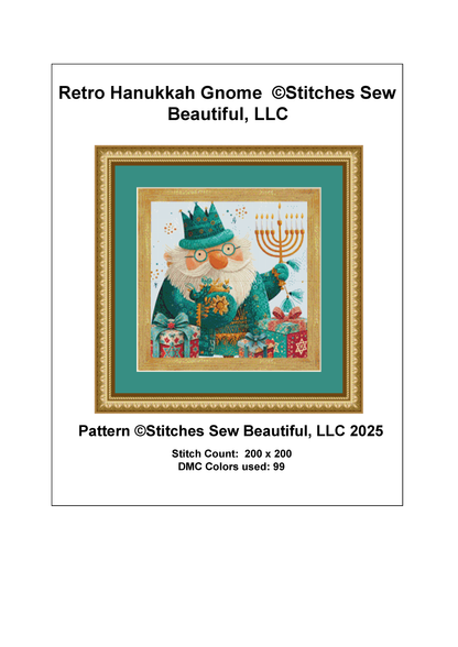 Retro Hanukkah Gnome counted cross stitch pattern by Stitches Sew Beautiful, LLC