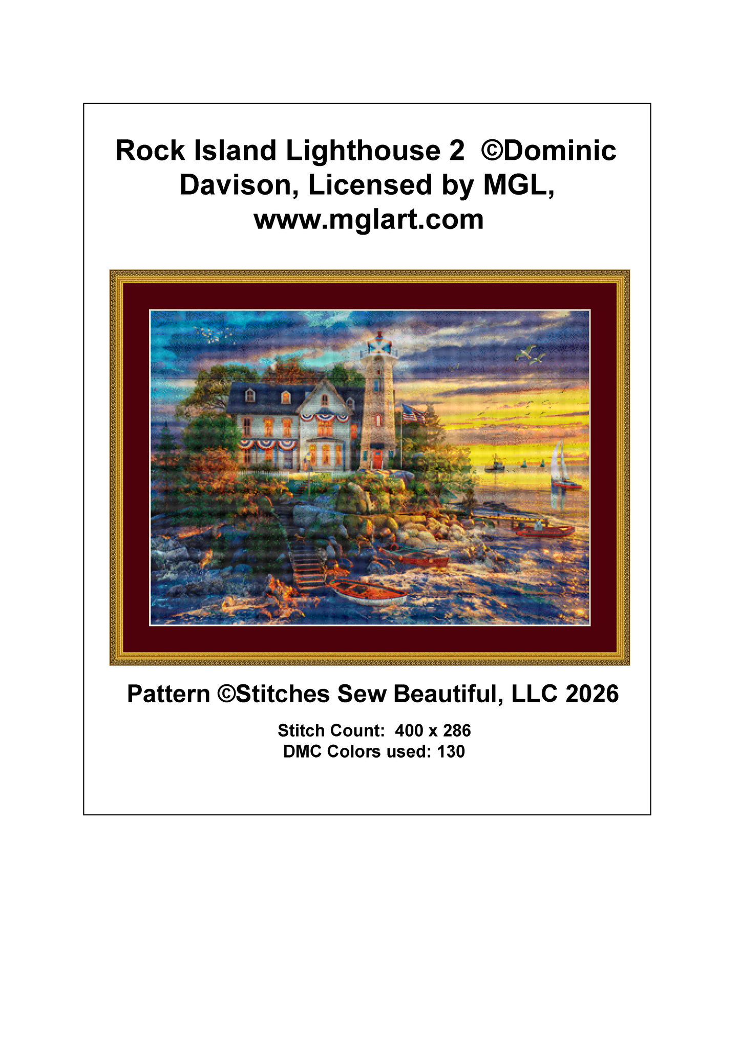 Rock Island Lighthouse 2 counted cross stitch pattern by Dominic Davison, Licensed by MGL, www.mglart.com