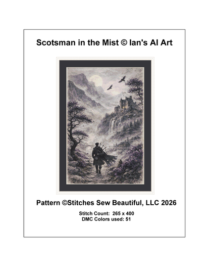 Scotsman in the Mist counted cross stitch pattern by Ian's AI Art