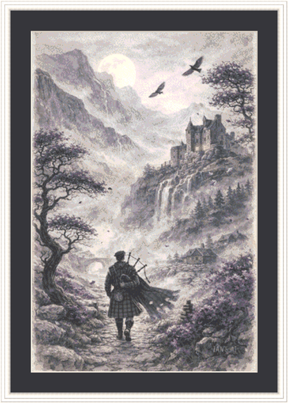 Scotsman in the Mist counted cross stitch pattern by Ian's AI Art