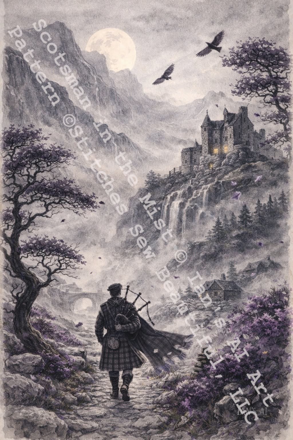 Scotsman in the Mist counted cross stitch pattern by Ian's AI Art