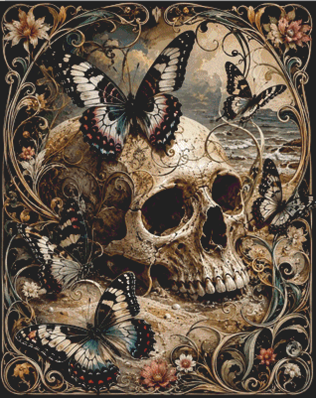 "Skull & Butterflies" cross stitch pattern by T. Langan
