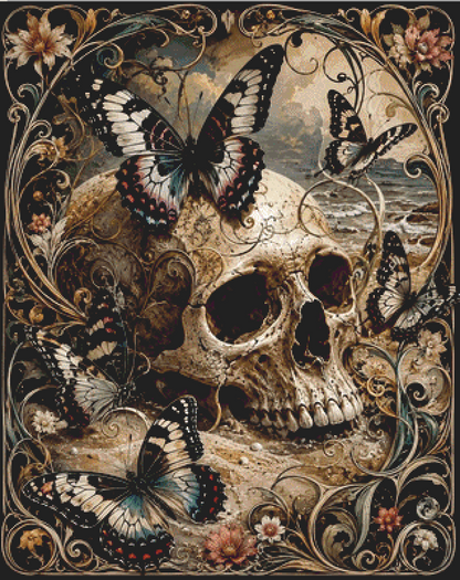"Skull & Butterflies" cross stitch pattern by T. Langan