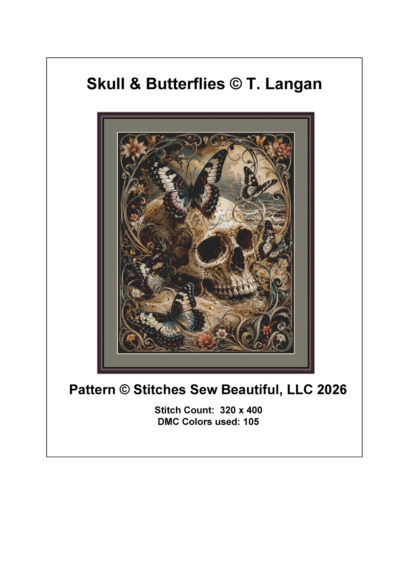"Skull & Butterflies" cross stitch pattern by T. Langan