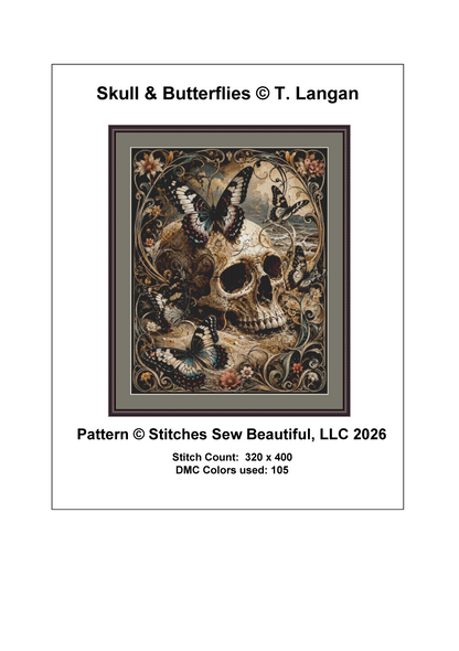 "Skull & Butterflies" cross stitch pattern by T. Langan