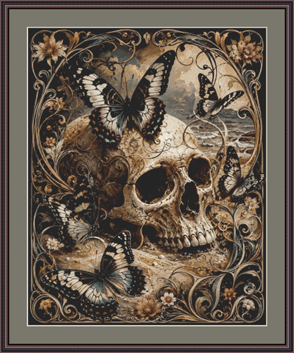 "Skull & Butterflies" cross stitch pattern by T. Langan