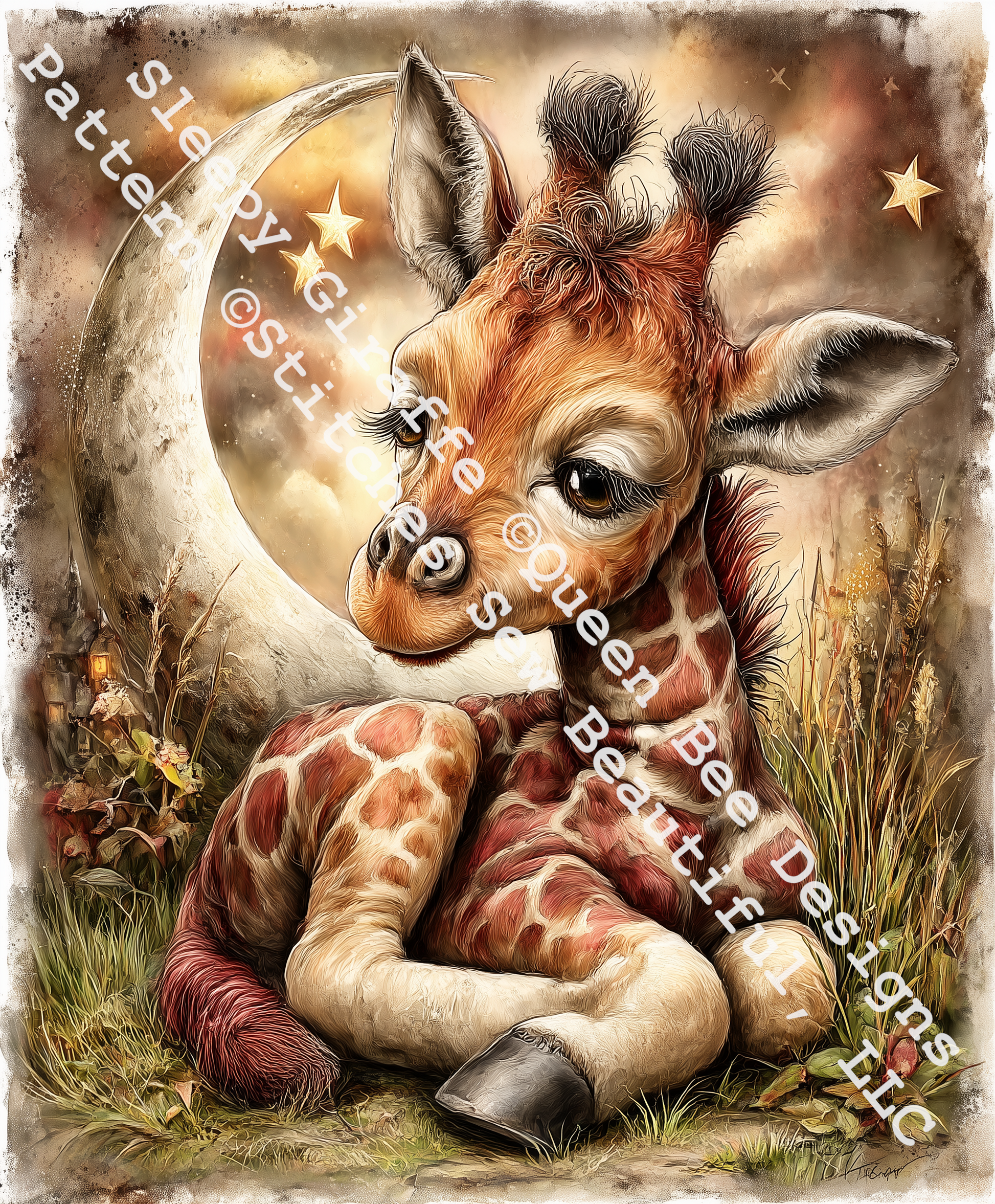 Sleepy Giraffe counted cross stitch pattern by Queen Bee Designs