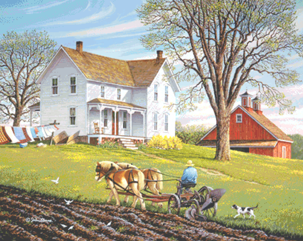 Spring Chores counted cross stitch pattern Copyright © John Sloane, used with permission